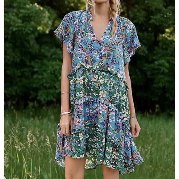 Anthropologie Dresses & Skirts - ANTHROPOLOGIE Robin Tiered Floral Mini Dress Blue Green Sz S {NN14} New